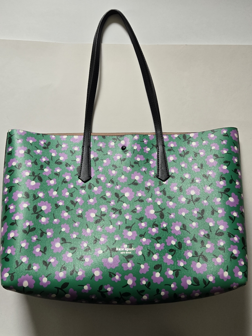 Kate spade Green Floral Tote with Black Handles And Inside Pouch